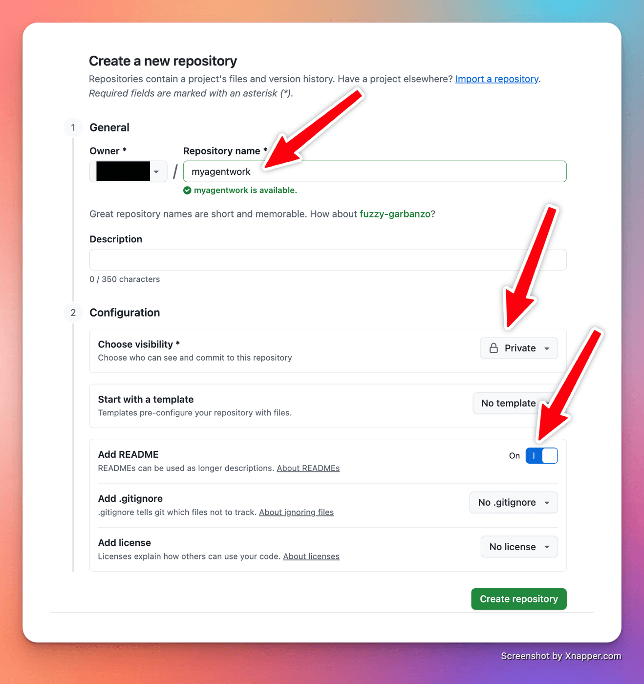 A screenshot of the GitHub interface for creating a new repository, highlighting the options for the repository name, visibility, template selection, and README initialization