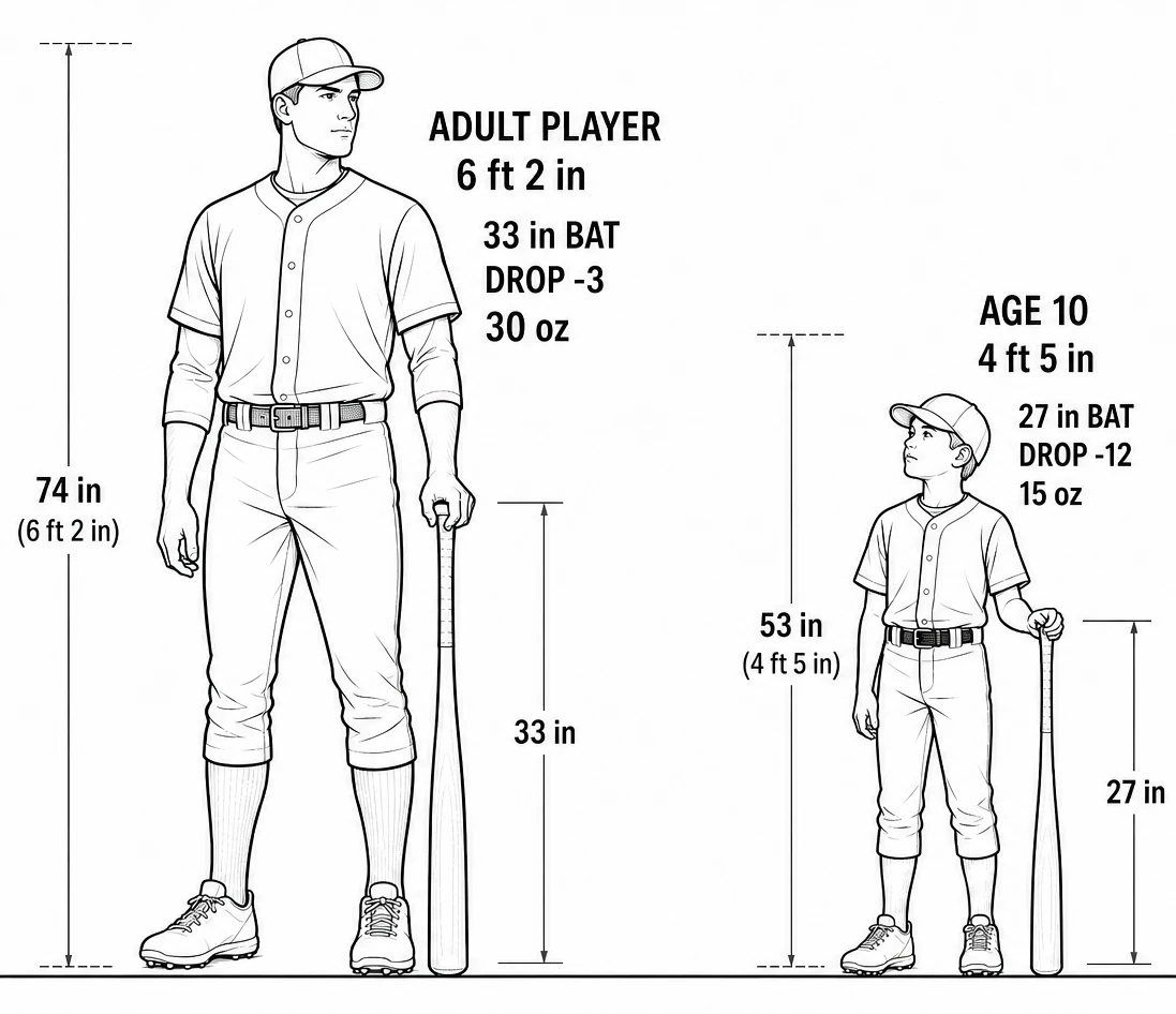 Line drawing comparing a 6 ft 2 in adult player holding a 33-inch drop-3 bat with a 4 ft 5 in ten-year-old holding a 27-inch drop-12 bat
